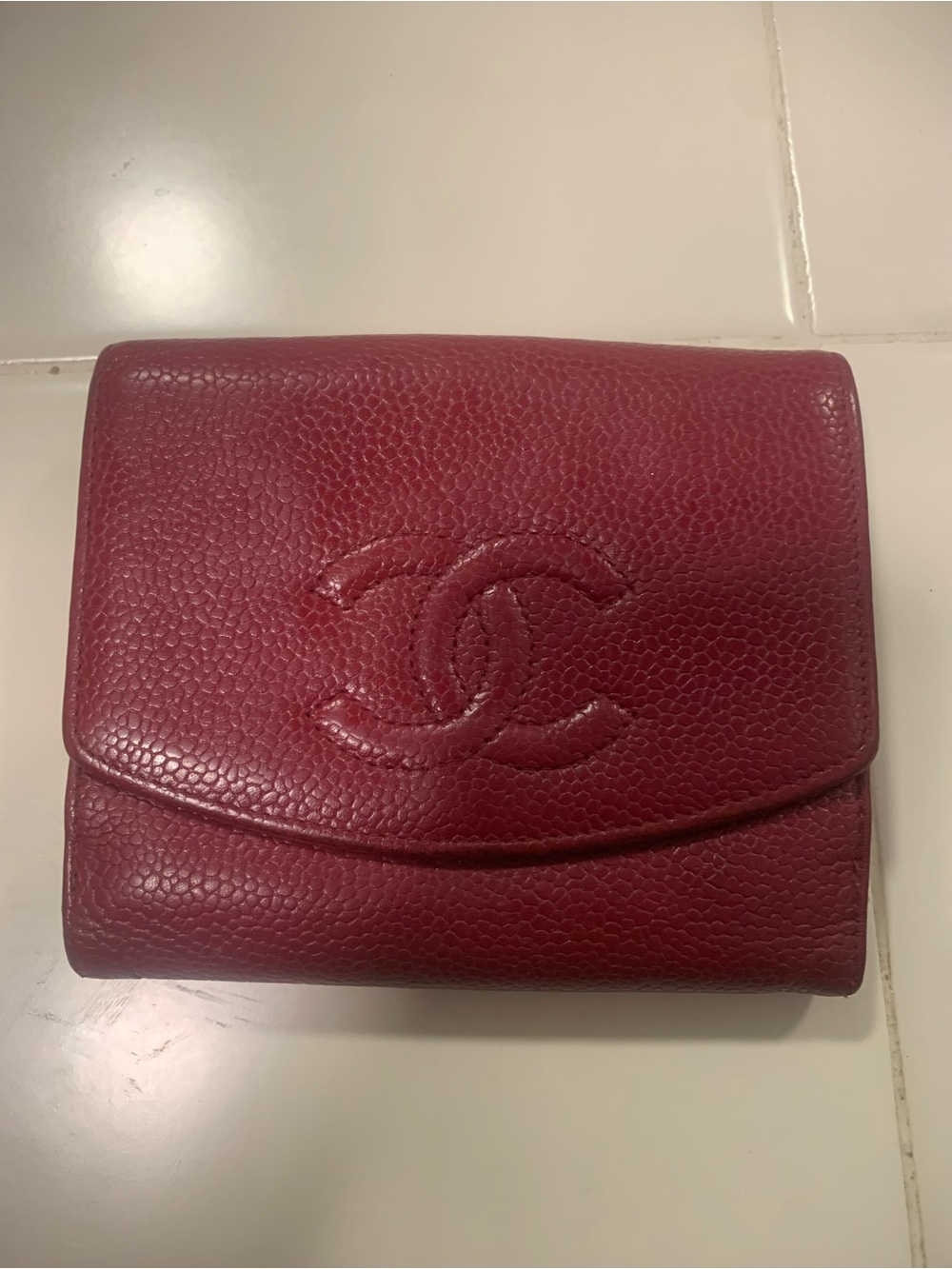 CHANEL Burgundy Quilted CC Pebbled Leather Wallet